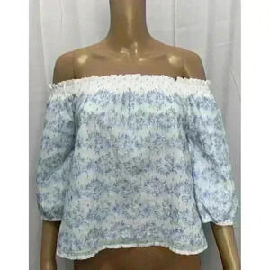 NWT Miami Crop Top Off‎ Shoulder Loose Fit Peasant Blouse Embroidered White Blue